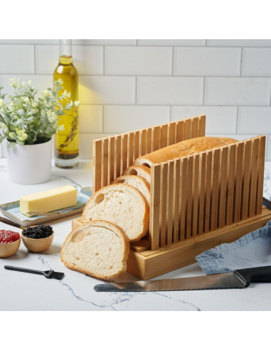 Cortador de Pan Ajustable Bambüsi - Con Bandeja para Migas