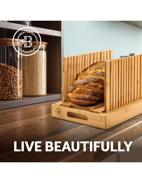 Cortador de Pan Ajustable Bambüsi - Con Bandeja para Migas