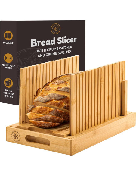 Cortador de Pan Ajustable Bambüsi - Con Bandeja para Migas