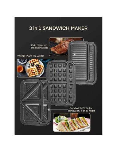 Hacedor de Sándwiches FOHERE 3 en 1 1200W Placas Removibles