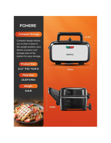 Hacedor de Sándwiches FOHERE 3 en 1 1200W Placas Removibles