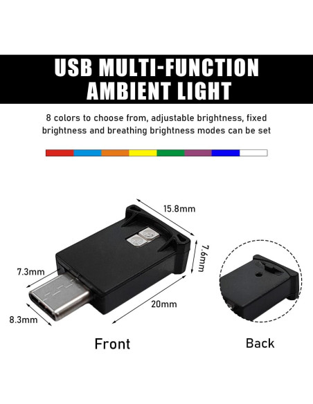 Luz Ambiental LED USB Tipo C Povtii, 8 Colores, Brillo Ajustable