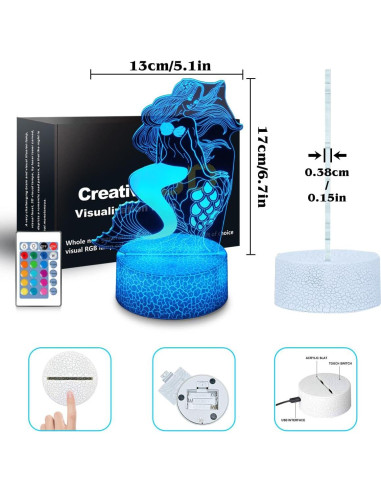 Lámpara Nocturna 3D Sirena SHWKMOPPE 16 Colores Control Remoto