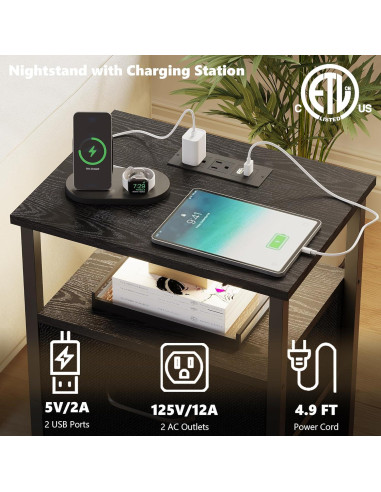 Conjunto de Mesitas de Noche TRIFEBLE SHNT062BK con Carga USB