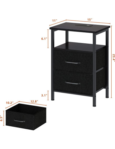 Conjunto de Mesitas de Noche TRIFEBLE SHNT062BK con Carga USB