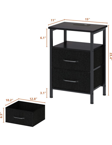 Conjunto de Mesitas de Noche TRIFEBLE SHNT062BK con Carga USB