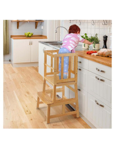 Escalera de Cocina para Niños COSYLAND, Bambú Natural, 2 Escalones