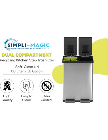 Cubo de Basura Simpli-Magic 60L Doble Compartimento Acero