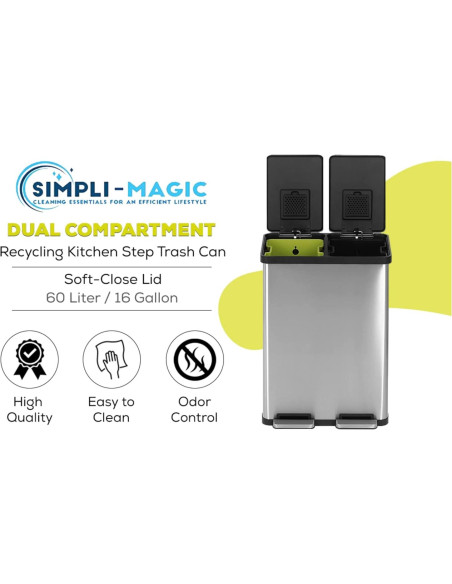Cubo de Basura Simpli-Magic 60L Doble Compartimento Acero