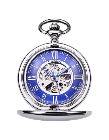 Reloj de bolsillo TREEWETO mecánico con cadena y dial azul