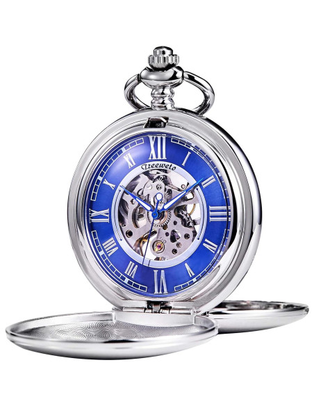 Reloj de bolsillo TREEWETO mecánico con cadena y dial azul