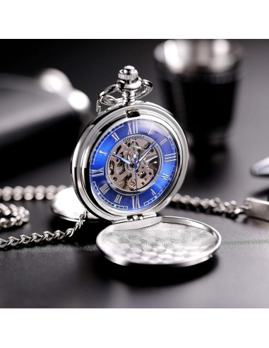 Reloj de bolsillo TREEWETO mecánico con cadena y dial azul