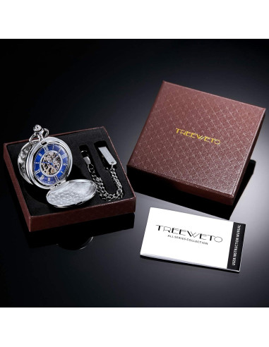 Reloj de bolsillo TREEWETO mecánico con cadena y dial azul