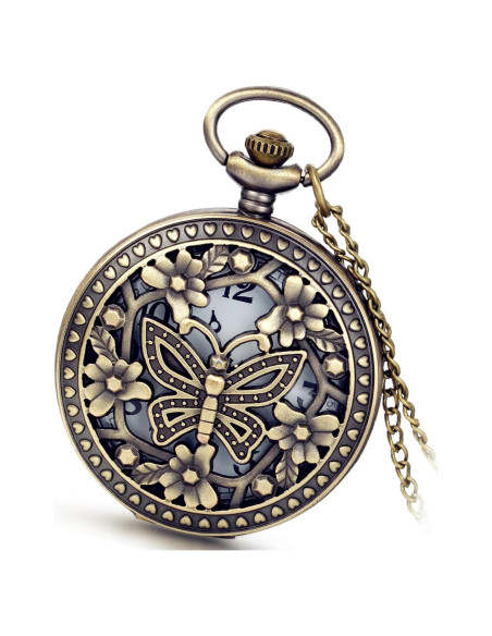 Reloj de bolsillo Avaner retro bronce con flores caladas