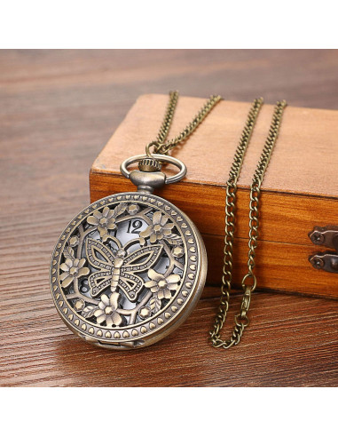 Reloj de bolsillo Avaner retro bronce con flores caladas