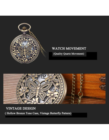 Reloj de bolsillo Avaner retro bronce con flores caladas