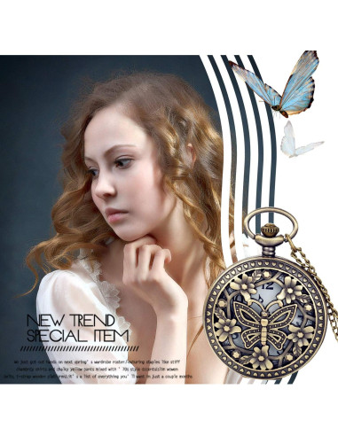 Reloj de bolsillo Avaner retro bronce con flores caladas