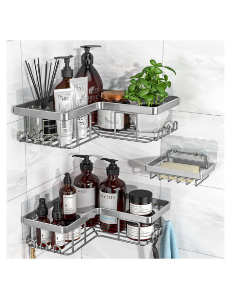 YASONIC Estante de Ducha Esquinero 3 Estantes Adhesivos Plata YASONIC Estante de Ducha Esquinero 3 Estantes Adhesivos Plata
