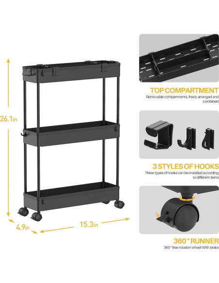 Carro de Almacenamiento Slim SPACELEAD 3 Niveles Negro