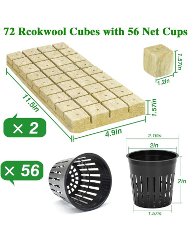 Halatool Kit Hidroponía 72 Cubos Lana Roca 3,05cm y 56 Tazas 5,08cm