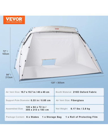 Cabina de Pintura Portátil VEVOR 3,05x2,13x1,83 m con Suelo