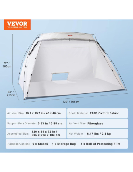 Cabina de Pintura Portátil VEVOR 3,05x2,13x1,83 m con Suelo