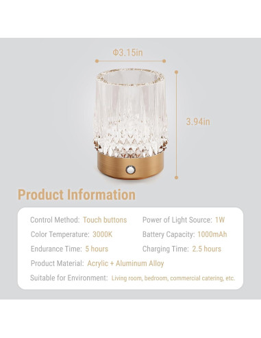 Lámpara de Mesa KOSTA Jarrón Cristal Oro Táctil Recargable