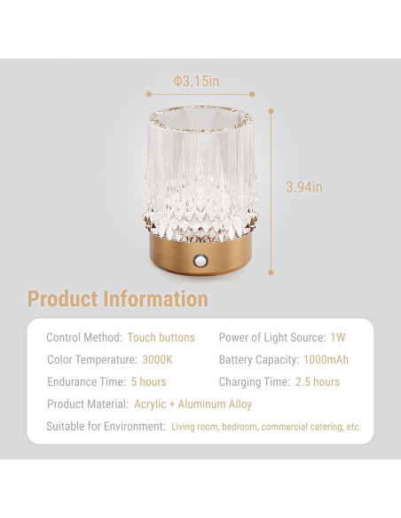 Lámpara de Mesa KOSTA Jarrón Cristal Oro Táctil Recargable