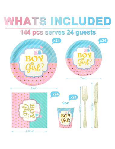 144 PCS Vajilla Desechable Baby Shower Previvo Azul Rosa