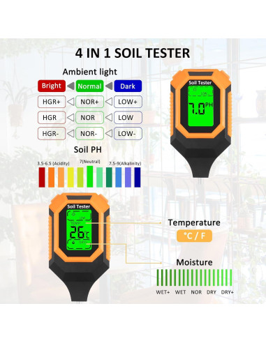 Medidor de Suelo 4-en-1 IRTOV pH/Humedad/Temperatura/Luz