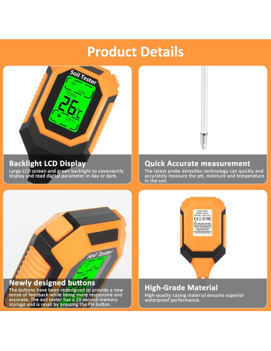 Medidor de Suelo 4-en-1 IRTOV pH/Humedad/Temperatura/Luz