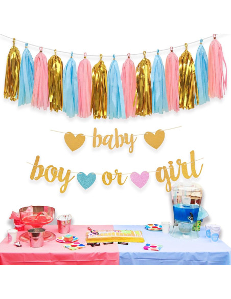 Decoraciones Revelación de Género Aonor - Banner y Borlas Decoraciones Revelación de Género Aonor - Banner y Borlas