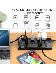 Regleta de Sobretensión POWSAV 18 Salidas 4 USB 2100 Julios 2