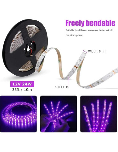 inShareplus Tira LED UV 24W 10M 600 LEDs 12V para Fiesta