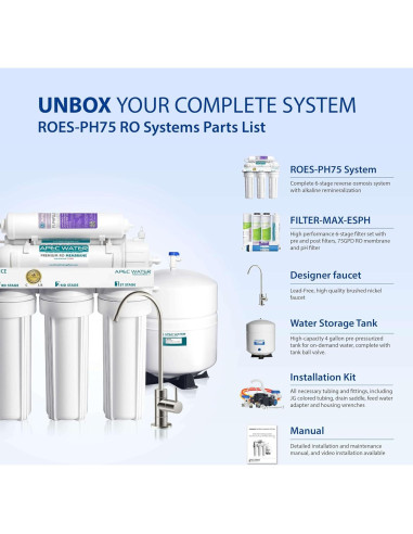 Sistema de filtración de agua APEC ROES-PH75 75 GPD 6 etapas