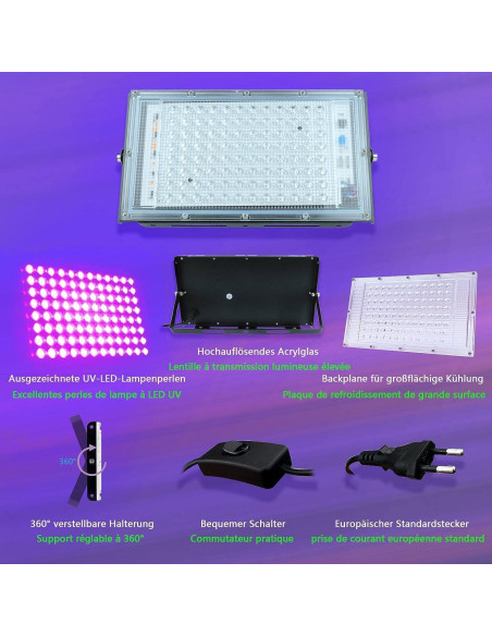 Proyector UV 100W Glostars IP66 Luz Negra 395nm 2 Paquetes