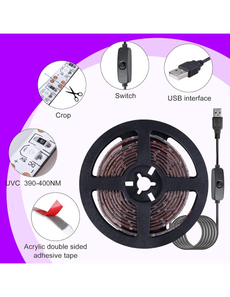 Tira LED UV 2M LYGZM 120 LEDs Luz Negra USB Efecto Fiesta