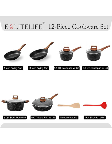 Juego de ollas y sartenes ESLITE LIFE 12 piezas antiadherente Juego de ollas y sartenes ESLITE LIFE 12 piezas antiadherente