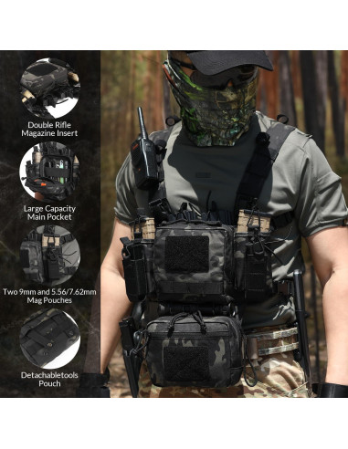 Arnés Táctico Ajustable Molle Micro Camo Negro con Bolsas