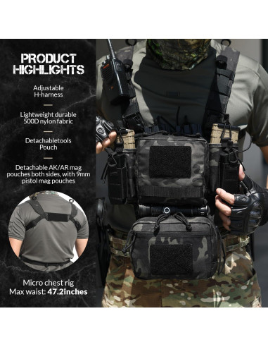 Arnés Táctico Ajustable Molle Micro Camo Negro con Bolsas
