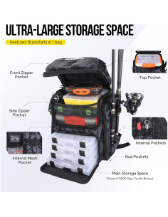 Mochila de Pesca PLUSINNO 42L Impermeable con 16 Bolsillos 2
